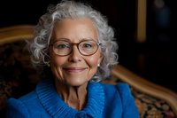 Elegant senior Caucasian woman with gray curly hair and glasses wearing bright blue sweater smiling warmly at camera, representing active aging and wellness.