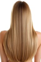 Long straight blonde hair from back view showing healthy smooth texture and natural highlights. Ideal for beauty and haircare advertising.