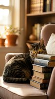 Tabby cat with golden eyes sitting on stack of books in cozy home library with warm sunlight streaming through window creating peaceful reading atmosphere.