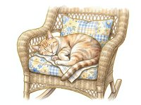 Ginger tabby cat sleeping peacefully on wicker rocking chair with blue checkered cushions and pillows. Cozy home interior illustration for pet lovers and relaxation themes.