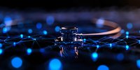 Medical stethoscope on dark surface with glowing blue network connections and bokeh lights, representing healthcare technology and digital medicine.