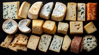 Variety of cheese wedges and slices arranged on dark background showing different textures, colors and types from blue cheese to hard aged varieties. Food photography.