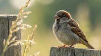 Small brown and white sparrow perched on wooden fence post with dried grass, suitable for nature, wildlife, and garden-themed projects.