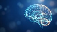 Glowing digital brain with neural networks on blue background for medical technology and artificial intelligence concepts in healthcare and science research.