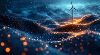 Wind turbine on hill against starry night sky with glowing light trails and bokeh effects creating magical energy flow landscape. Clean power generation concept.