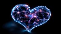 Digital heart shape with glowing blue and pink neural network connections on black background for technology and love concepts.
