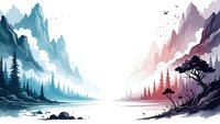 Serene mountain landscape with lake, evergreen trees and flying birds in soft watercolor style for peaceful nature designs and meditation themes.