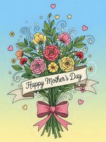 Happy Mother's Day floral bouquet with colorful roses and ribbon banner on gradient background for greeting cards and celebration designs.