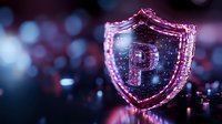 Glowing pink shield with letter P symbol against dark background with bokeh lights, representing digital protection and cybersecurity concept.