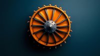 Orange and black industrial turbine wheel with metallic spokes on dark blue background, symbolizing engineering, power, and mechanical design.