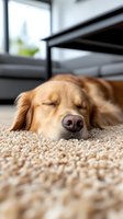 Sleeping Golden Retriever dog lying on beige carpet, close-up portrait with closed eyes and peaceful expression, shallow depth of field for pet photography.