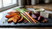Assorted fresh root vegetables including carrots, sweet potatoes and beets arranged on slate with herbs and organic sauce for cooking and culinary content.