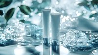 Luxurious cosmetic tubes on crystal ice background with bokeh lights and green leaves, showcasing premium skincare products in cool blue tones.