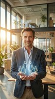 Professional businessman presenting family protection concept with glowing icons in modern office environment for insurance and financial planning services.