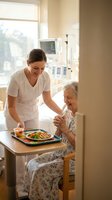 Caring nurse serving nutritious meal to elderly patient in hospital room, healthcare professional providing compassionate medical care and assistance.