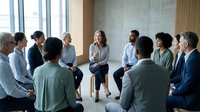 Diverse business professionals in circle formation during team meeting or workshop session in modern office conference room with natural lighting.
