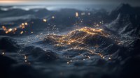 Dramatic dark ocean waves with glowing golden light particles and bokeh effects creating magical atmosphere at night. Moody seascape for background designs.
