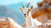 Majestic white gazelle with curved horns in rocky mountain habitat, wildlife portrait against blurred natural landscape background.