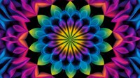 Vibrant kaleidoscope mandala pattern with rainbow gradient petals radiating from central starburst on black background, featuring pink, blue, yellow and turquoise colors in symmetrical design.