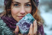 Young woman with bright blue eyes holding raw amethyst crystal while wearing winter knit accessories and purple scarf, displaying gentle smile in outdoor setting.