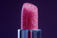 Pink lipstick with water drops and sparkles on dark purple background, macro photography showing texture and moisture details in cosmetic product.