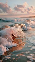 Ocean waves crashing on sandy beach during golden hour sunset with dramatic pink and orange clouds reflecting warm light on foaming water and wet sand shoreline.