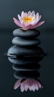 Pink water lily blossom atop wet black spa stones with reflection on dark background, creating zen-like atmosphere for wellness and meditation concepts.