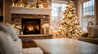 Cozy living room with stone fireplace, decorated Christmas tree with twinkling lights, and comfortable seating area creating warm holiday atmosphere.
