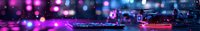 Vibrant neon cityscape panorama with glowing purple and blue bokeh lights reflecting on wet surface, creating atmospheric urban nightlife scene.