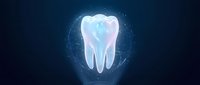 Glowing tooth with digital network connections on dark blue background for dental technology and healthcare innovation concepts.