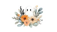 Cute ghost figure surrounded by autumn floral arrangement with orange flowers, eucalyptus leaves, and dried elements. Perfect for Halloween seasonal designs.