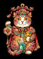 Decorative lucky cat figure wearing ornate traditional robes and crown, holding lantern and gold coin, isolated on transparent background ready for t-shirt design, stickers, clipart, and print-on-demand products.
