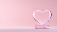 Crystal glass heart trophy on pink background with soft shadow and copy space, romantic award symbol for valentines day celebration or love concept.