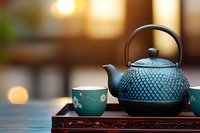 Traditional blue cast iron teapot and ceramic cup with floral pattern on wooden tray against warm bokeh background, creating serene tea ceremony atmosphere.