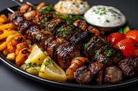 Grilled meat and vegetable kebab skewers served on black plate with creamy sauce, roasted potatoes, cherry tomatoes, fresh herbs and lemon wedges.