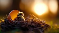 Newborn chick emerging from broken eggshell at sunrise, nestled in straw nest with golden bokeh background, capturing new life and spring awakening.