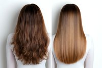 Before and after hair straightening treatment showing transformation from wavy brunette to smooth caramel ombre long hair on white background, rear view of female model.