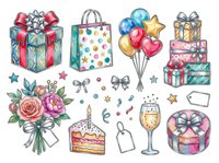 Festive gift boxes, shopping bag, balloons, flower bouquet, birthday cake slice, champagne glass, and wrapped presents isolated on white background. Clipart collection suitable for greeting cards, invitations, party designs, and merchandise applications.