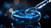 Glowing blue liquid drops falling from metal spoon into glass petri dish on dark background with bokeh lights, macro photography for science and research.