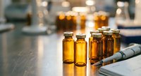 Medical laboratory amber glass vials with samples and syringe on steel surface. Professional healthcare research equipment for pharmaceutical testing.