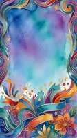 Watercolor gradient background with vibrant blue, purple, and turquoise tones featuring ornate decorative border frame with swirling ribbons, stars, and floral elements for design projects.