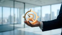 Businessman holding glowing dollar sign symbol in modern office with city skyline view, representing financial success, wealth management, and business growth opportunities.