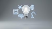 Light bulb surrounded by floating holographic icons representing innovation, technology and creative thinking on gray background.