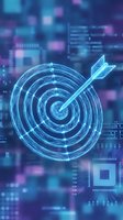 Digital target with arrow hologram on blue technology background for business goals and marketing strategy concepts.