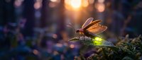 Glowing firefly with luminescent abdomen resting on moss in enchanted forest during golden hour sunset with magical bokeh lights creating dreamy atmosphere.