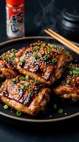Glazed teriyaki chicken thighs topped with sesame seeds and green onions, served on a dark plate with chopsticks and steam rising.