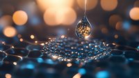 Magical water drops on spider web with suspended crystal reflecting golden bokeh lights against dark blue background, creating ethereal macro photography effect.