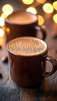 Frothy hot chocolate in brown ceramic mug with creamy foam and bokeh lights in background, served on rustic wooden table. Perfect for winter beverage menus.