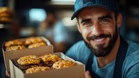 Smiling bearded male food delivery worker in blue cap holding boxes with fresh baked bagels. Restaurant takeout service concept for small business.