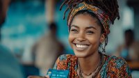 Young African woman with colorful headwrap and traditional clothing smiling warmly at camera in bright indoor setting with natural lighting and soft background.
